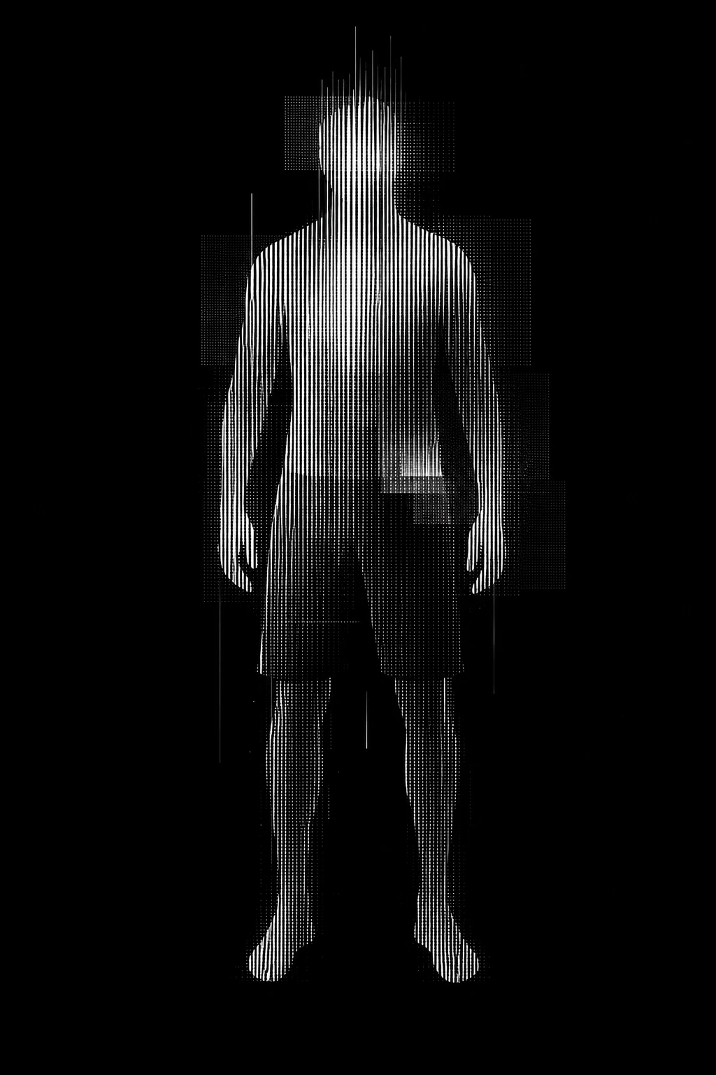 Anonymous male figure rendered in monochrome scan lines
